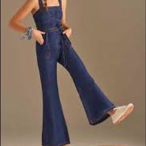 Pilcro Bib Overalls Waist-Tied Wide Flared Leg Denim Jumpsuit Anthropologie 10